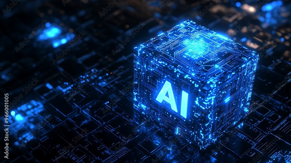 Aufkleber glowing blue cube ai logo connected to digital circuits on 3d vector design with tech style on black