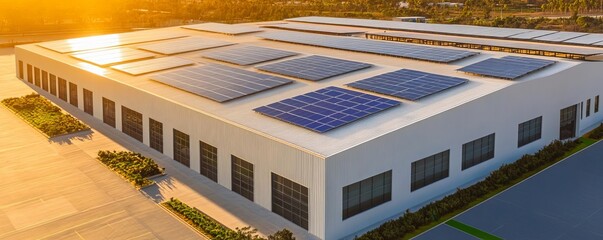 Eco-friendly warehouse with solar panels on the roof, surrounded by green landscaping, illustrating sustainability in logistics