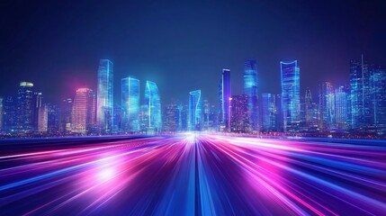 Obraz premium futuristic city and skyscrapers with highspeed light and neon technology in a virtual reality setting, showcasing smart design and motion effect in a modern urban landscape