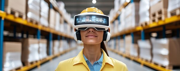 Female warehouse worker using augmented reality glasses to locate items, emphasizing innovation and technology