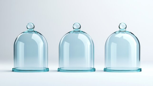 Three elegant glass cloches on a minimalist background, perfect for showcasing decorative items or food presentations.