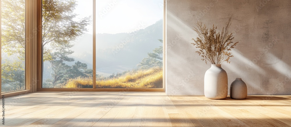Aufkleber concept of a minimalist scandinavian interior featuring vases on the wooden floor expansive walls an