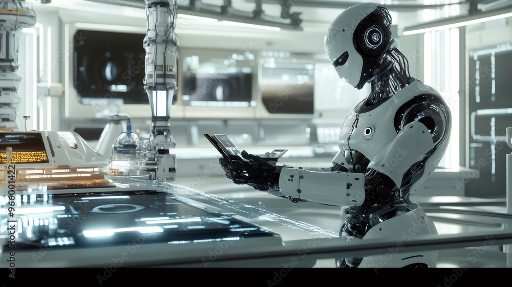 Aufkleber a futuristic robot working in a high-tech laboratory, looking at a digital tablet in its hand.
