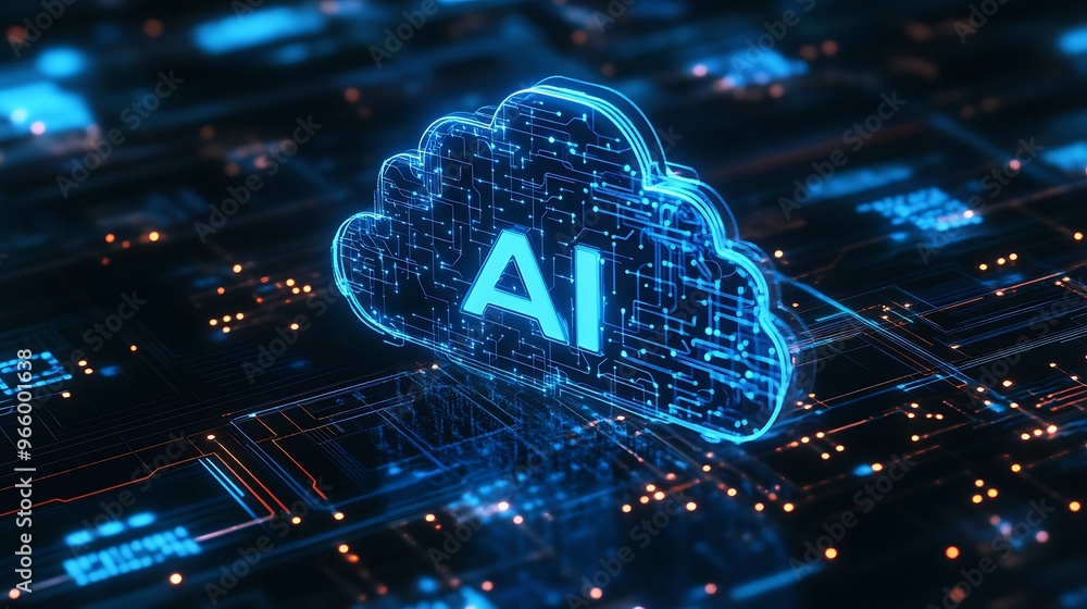 Poster futuristic ai data cloud logo on dark tech background - 3d vector design