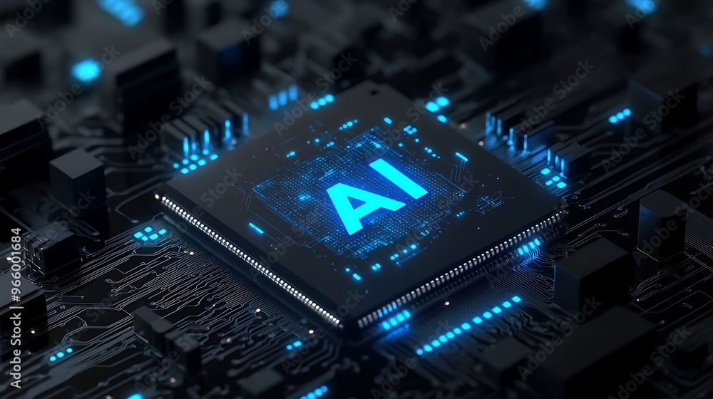 Poster futuristic ai microchip vector logo in glowing blue with digital circuits on black background - 3d d