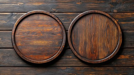 Two rustic wooden plates on a dark wooden background, perfect for food presentation or table decoration in culinary settings.