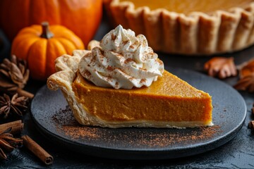 Pumpkin Pie Serving: A slice of pumpkin pie topped with a swirl of fresh whipped cream and a sprinkle of cinnamon.