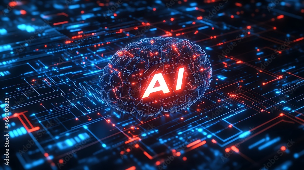 Poster illuminate the future - vector tech brain logo with glowing 