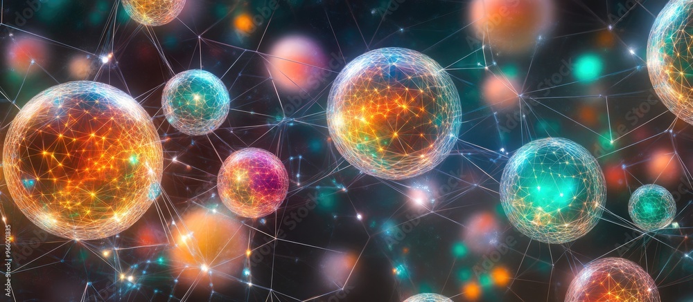 Poster glossy polygonal mesh map with glare effect and glowing multicolored spheres featuring abstract whit