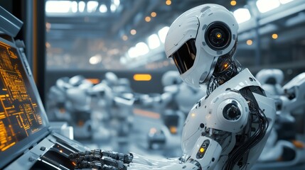 Fototapeta premium A futuristic white robot with a helmet is working at a computer terminal.