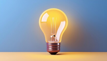 Bright glowing light bulb against a blue and yellow background, symbolizing innovation, creativity, and ideas in business and technology.