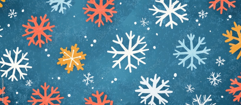 Poster flat design featuring an abstract pattern of colorful snowflakes on a textured background ideal for 