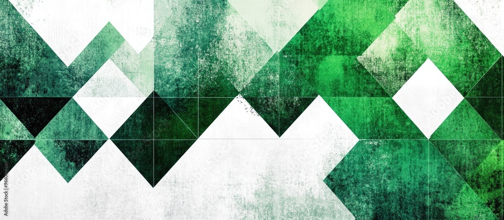 Poster A striking illustration showcasing a pattern of white and green triangles The geometric design harmonizes these vibrant colors resulting in an engaging and dynamic composition