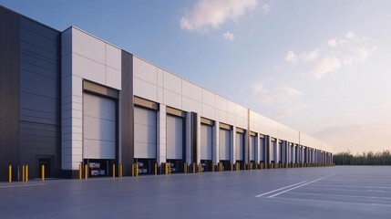 Fototapeta premium Large exterior shot of a logistics hub with multiple loading bays, symbolizing connectivity and distribution networks