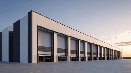 Fototapeta premium Large exterior shot of a logistics hub with multiple loading bays, symbolizing connectivity and distribution networks