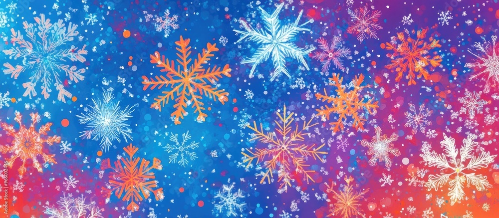 Poster abstract pattern of snowflakes in a flat design featuring ornamental elements on a vibrant backgroun