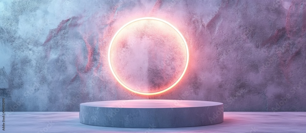 Poster floating podium with illuminated neon moon on a light grey backdrop 3d rendering of an abstract scen