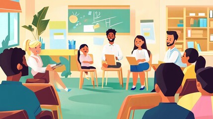 classroom meeting during a parent teacher conference focused on student progress, communication, and support, ideal for back to school engagement between parents and teachers