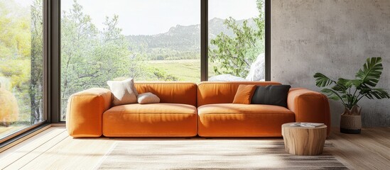 Minimalist living room featuring an orange velvet sofa on a wooden floor decorative elements on a large wall and a bright landscape visible through the window Nordic interior design 3D rendering