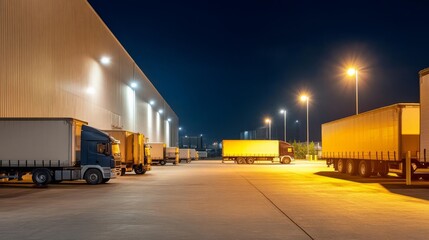 Night view of a warehouse exterior with trucks and loading docks illuminated by security lights, symbolizing 247 operations