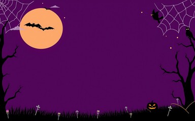 Fototapeta premium Purple night sky, orange moon, black silhouettes, spooky Halloween background for invitations and cards. 