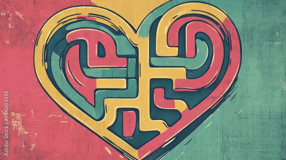 Poster heart shaped labyrinth designed for children featuring a puzzle game with a solution vintage style f