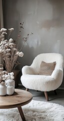 Cozy living room corner with a modern white chair and elegant floral arrangement in soft light