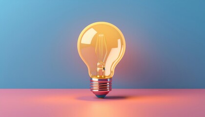 A glowing light bulb standing on a colorful surface with a vibrant gradient background. Concept of innovation and bright ideas.