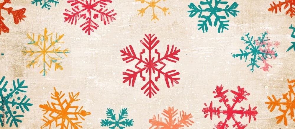 Poster flat design featuring an abstract pattern of colorful snowflakes on a textured background ideal for 