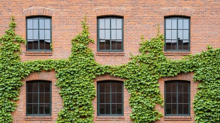 Fototapeta premium Rustic old brick warehouse exterior with ivy-covered walls, blending industrial history with natural growth