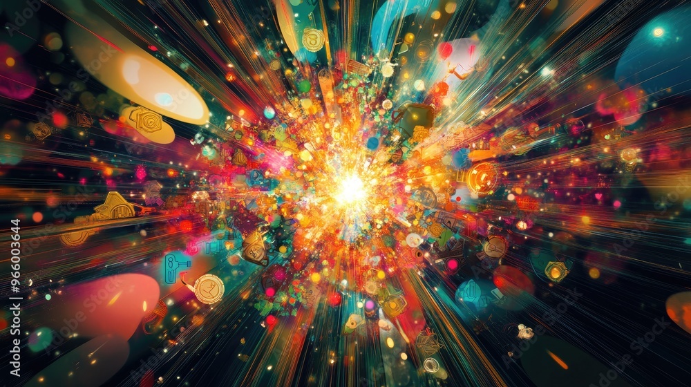 Poster Psychedelic explosion of toolbox symbols in a vibrant cluster Raster fireworks blend with scattered multi colored abstract designs