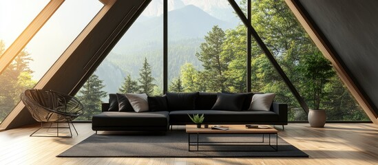 Modern black sofa in a well lit space featuring large panoramic triangular windows wooden flooring and a scenic view showcasing an interior design concept in 3D rendering