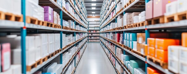 Seamless rows of storage racks filled with different products, focus on supply chain organization and efficiency
