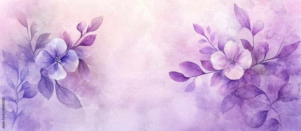 Poster spring violet watercolor leaves and flowers on a soft violet background create an elegant design for