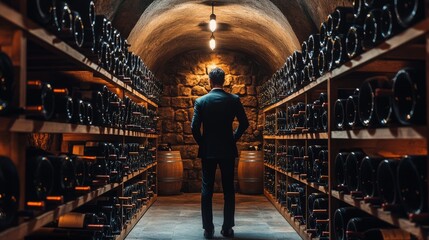 Elegant Wine Cellar with a Sommelier Presenting a Rare Vintage to Connoisseurs at a Tasting Event