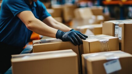 Worker Packing Boxes in a Warehouse