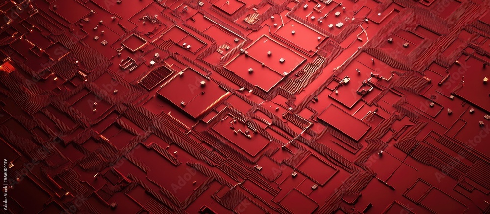 Poster street map engraved on a red metal background featuring a flat view with light illuminated from abov