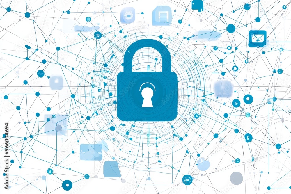 Poster conceptual image of an abstract cyber security icon with a padlock icon, network data, and dynamic l