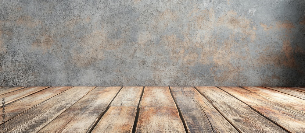 Poster wooden floor and stucco wall backdrop with ample space for text 3d rendering