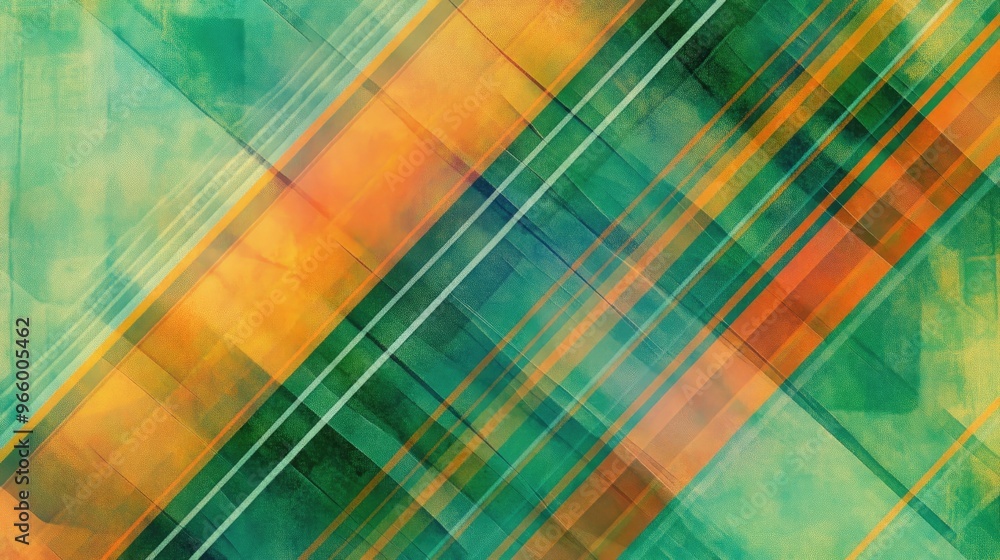 Poster abstract geometric pattern featuring lines in green and orange with a plaid design