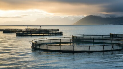 Obraz premium Ocean View with Circular Salmon Farm Pens