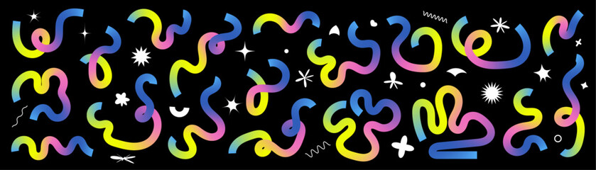 Fototapeta premium Set of abstract liquid doodle elements in neon colors. Minimalist curved gradient ribbons for creating modern designs.