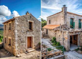 Obraz premium A Before-And-After Image Of A Rural Sicilian House Undergoing Extensive Renovation, With Stone Walls, Exposed Beams, And A Renovated Roof.