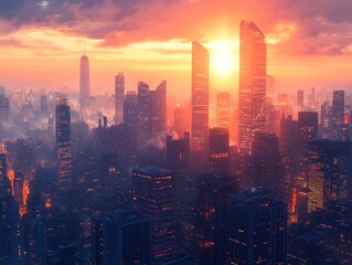 Fototapeta premium A dynamic urban skyline at night with brightly lit skyscrapers, perfect for city-themed projects and modern designs.