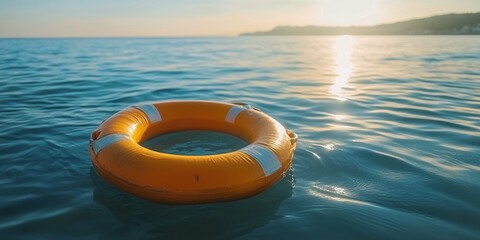 prevent drowning with an orange lifebuoy floating on the sea, offering essential safety and flotation support for water rescue and life-saving protection in emergency situations