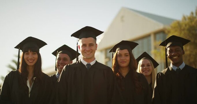 Happy people, students and smile for graduation, scholarship or university diploma at ceremony. Face of academic group of campus graduates in celebration for qualification, higher education or degree