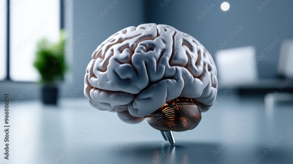 Poster a detailed artificial brain model with visible neural implants, symbolizing advanced neuroscience, a