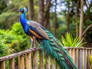 Fototapeta premium A Blue And Iridescent Congo Peacock With A Long Tail And Red Chest Feathers Stands Perched On A Wooden Fence In A Rural African Setting.