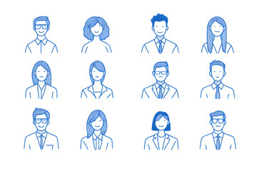 Avatar people silhouette blue line art icon collection isolated on white background