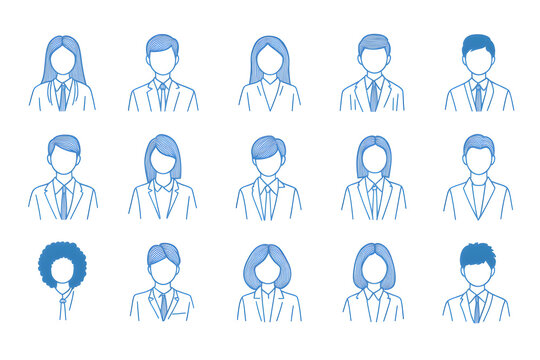 Avatar people silhouette blue line art icon collection isolated on white background